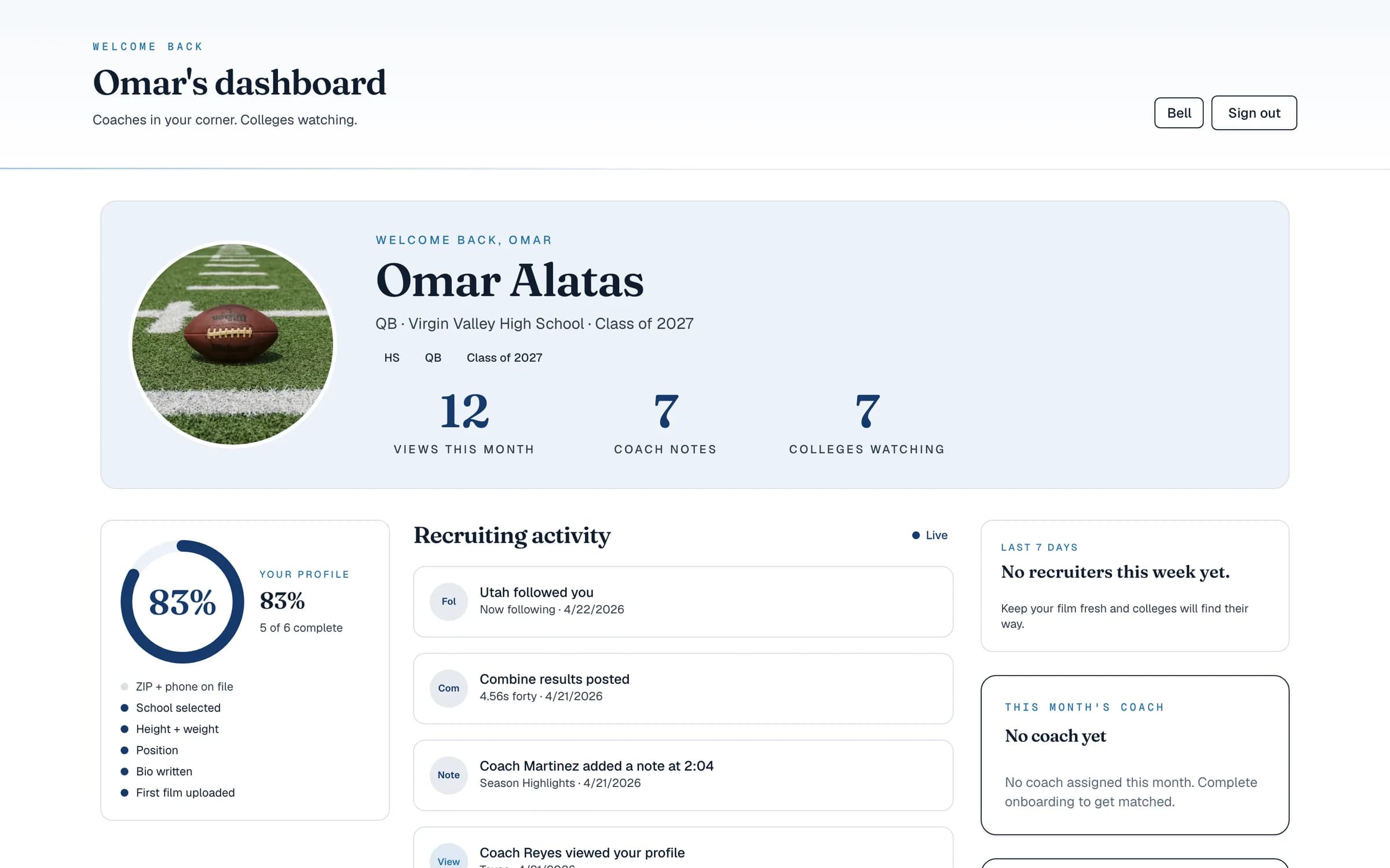 Athlete dashboard: live recruiting activity, profile completion, views, coach notes, and colleges watching